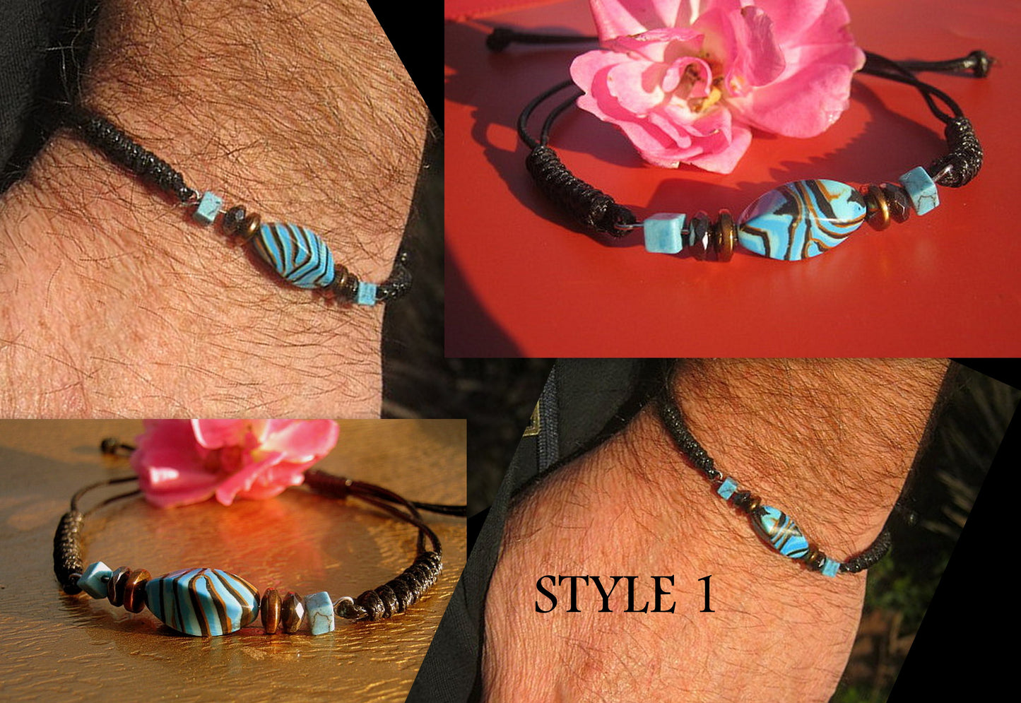 Men TURQUOISE zebra stone bracelet thin Cord slice knot Bracelet, Healing crystal, Stack slim set surfer Handmade bracelet men gift