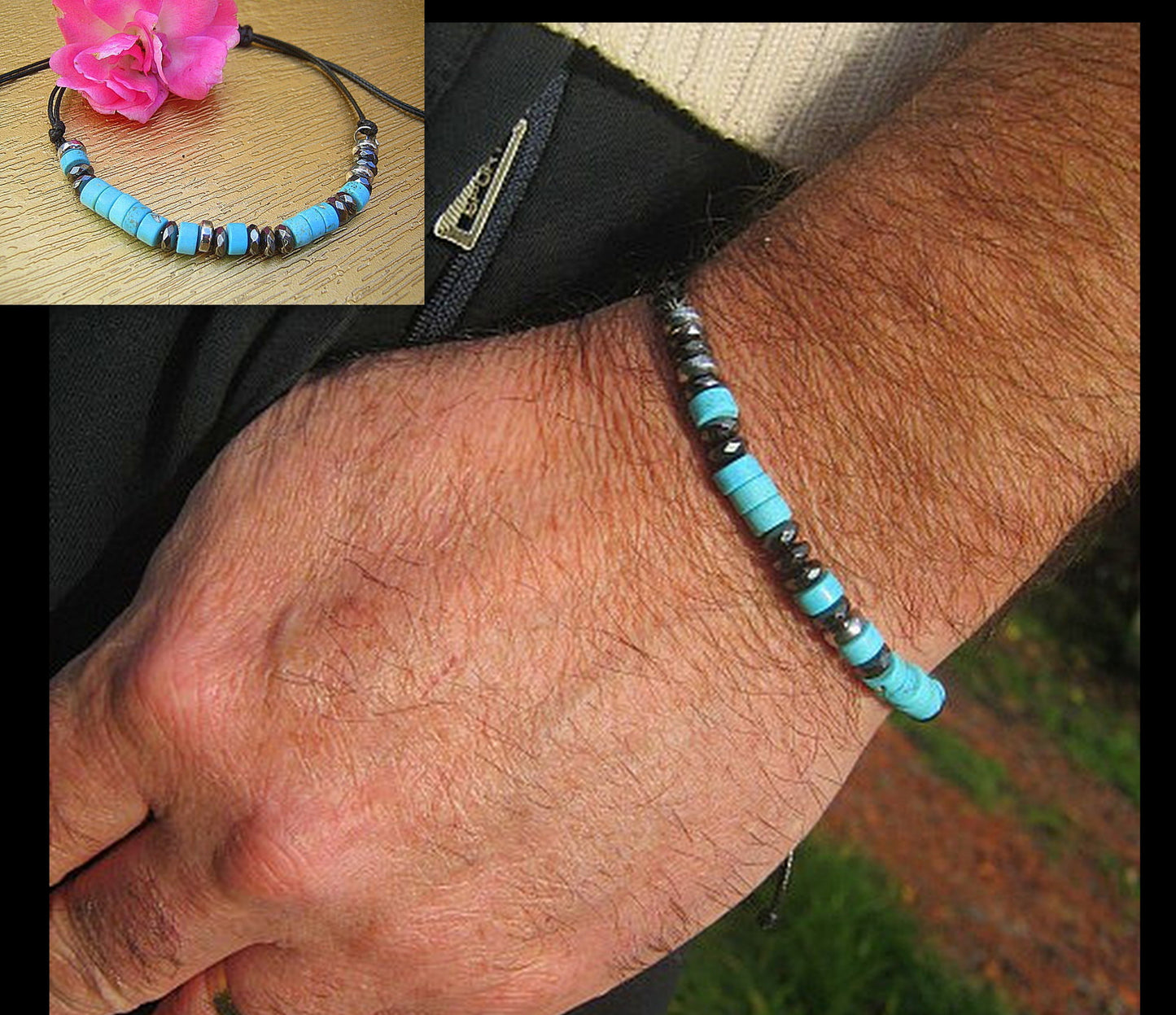 Custom CODE MORSE men/women Bracelet, faceted Hematite, Coco wood, Onyx & TURQUOISE, CORD, I love you Secret Message, Healing protection stone Men handmade slim bracelet Men gift