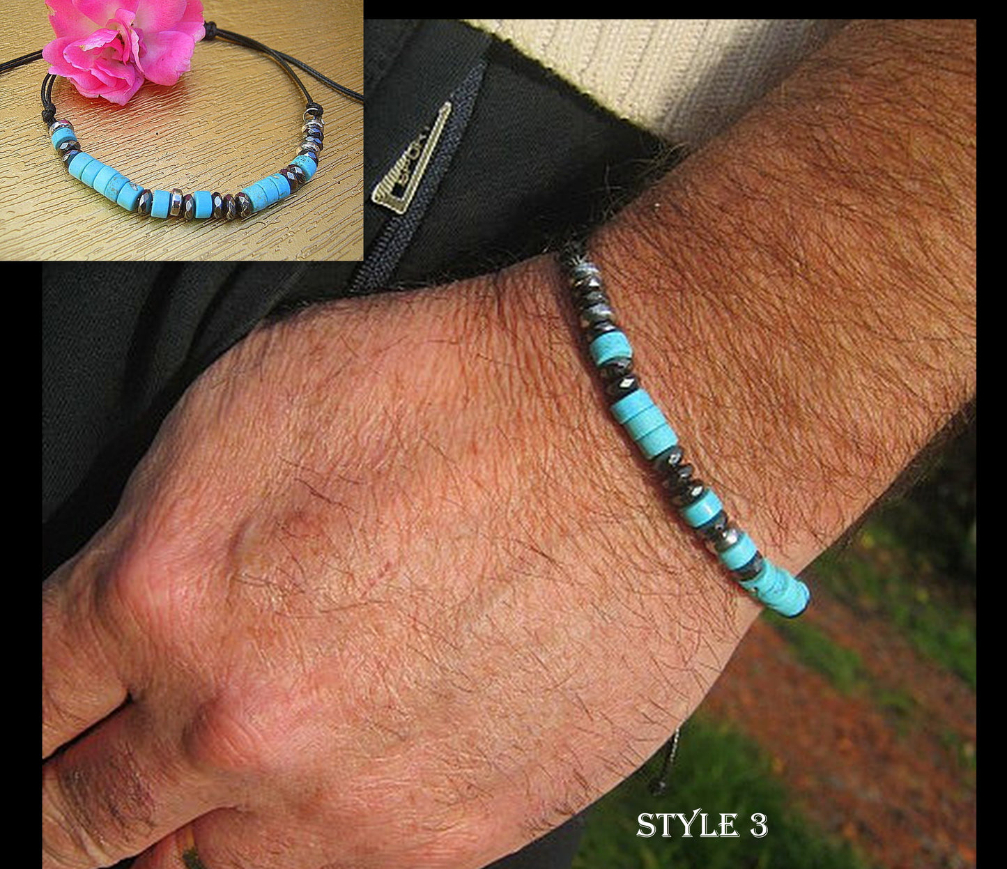 Custom CODE MORSE men/women Bracelet, Hematite, Coco wood, Onyx & TURQUOISE, CORD, I love you Secret Message, Healing protection stone Men handmade slim bracelet Men gift