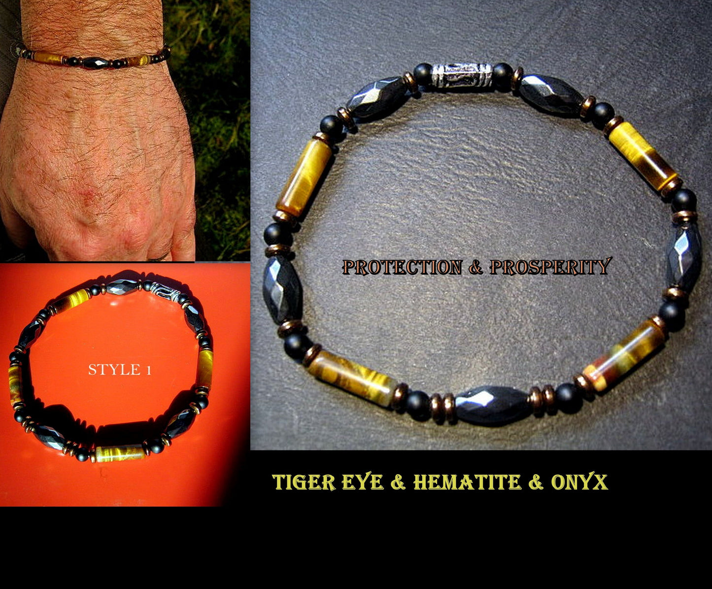 Bracelet TIGER EYE Hematite Onyx Healing protection precious stone, men handmade slim bracelet Men gift