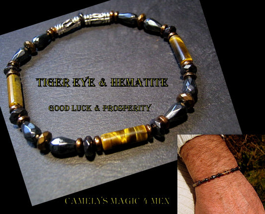 Bracelet TIGER EYE Hematite Onyx Healing protection precious stone, men handmade slim bracelet Men gift