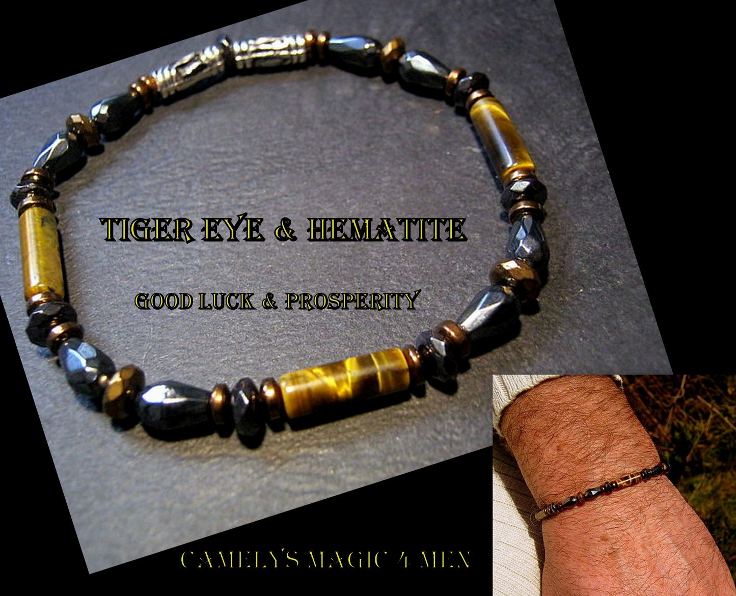 Men bracelet TIGER EYE Hematite Onyx Healing protection precious stone, handmade slim bracelet Men gift