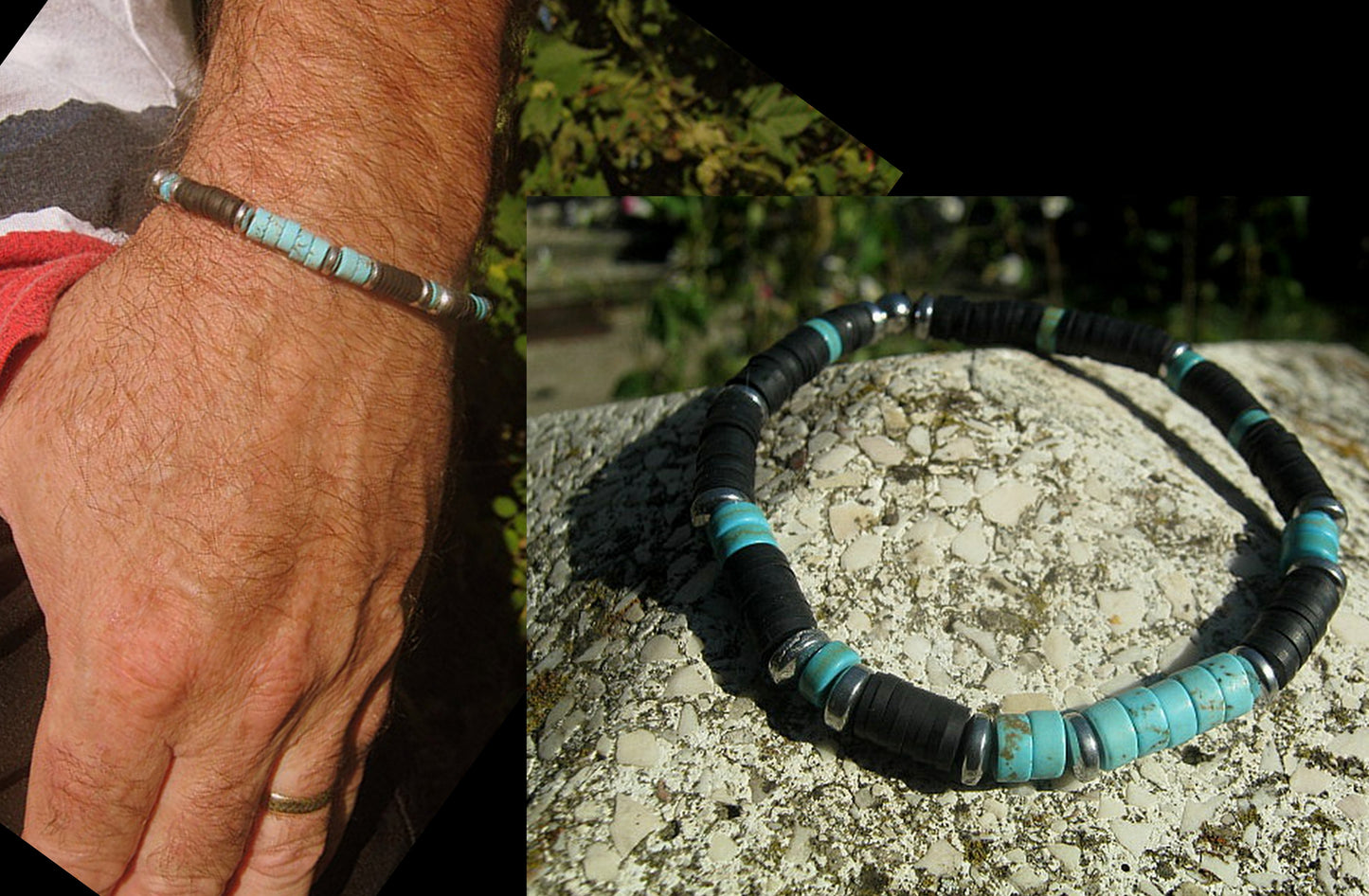 Bracelet african TURQUOISE Tourmaline Lava heishi Hematite Healing stone, handmade bracelet men gift
