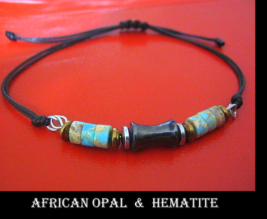 Men African Opal heishi , Hematite bracelet thin Cord black red slice knot Bracelet, Healing crystal, Stack slim set surfer Handmade bracelet men gift