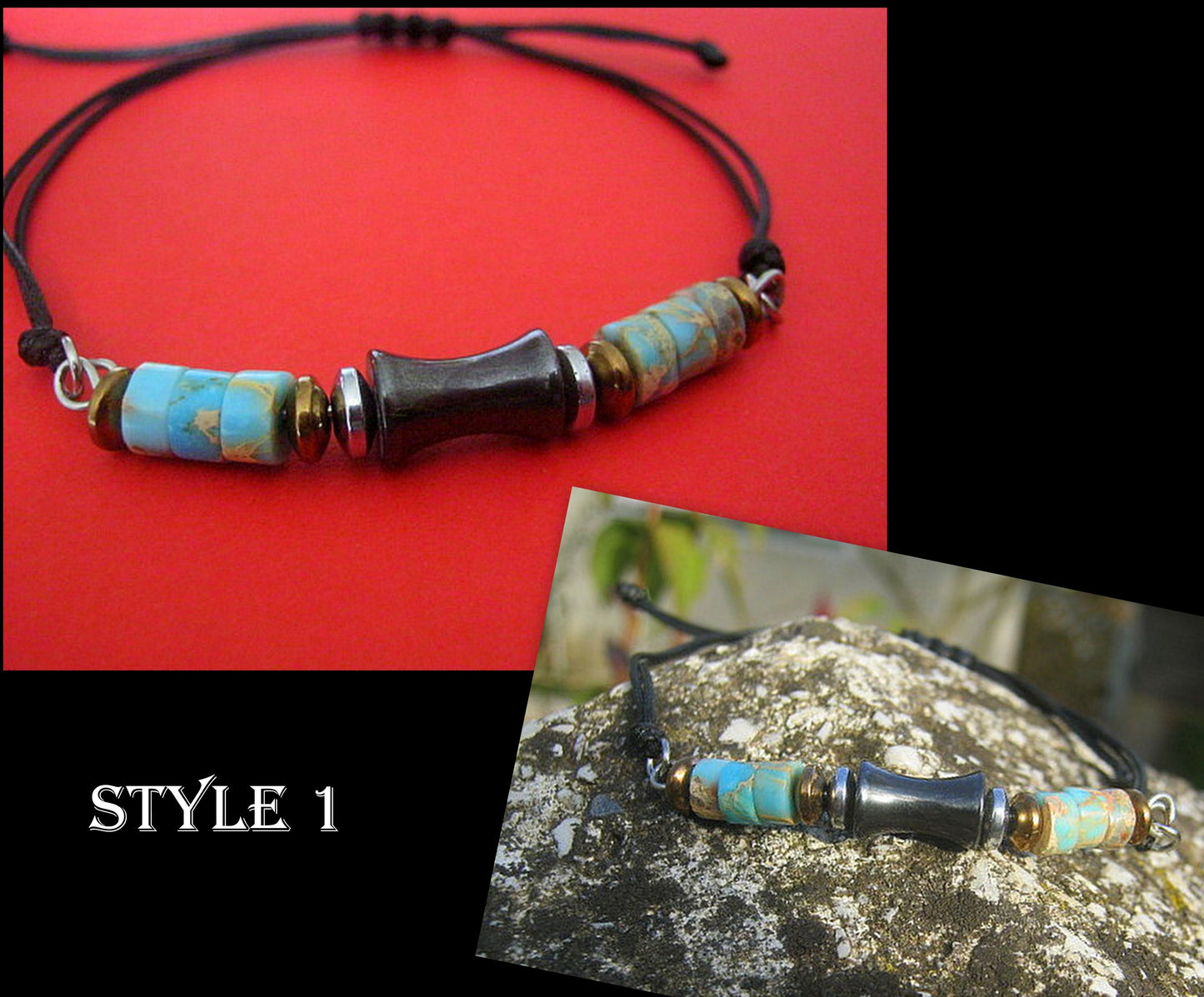 Men African Opal heishi , Hematite bracelet thin Cord black red slice knot Bracelet, Healing crystal, Stack slim set surfer Handmade bracelet men gift