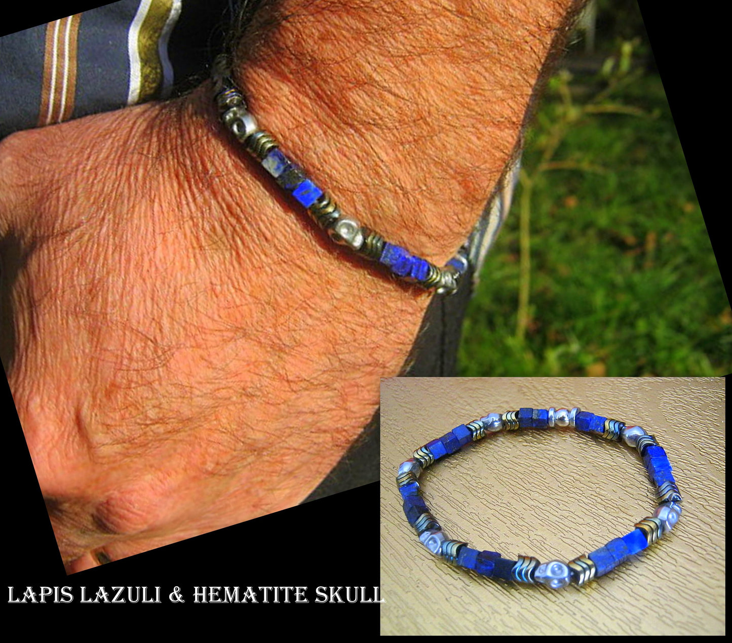 Men Bracelet LAPIS LAZULI Hematite Skull Punk Tourmaline Protection stone, handmade bracelet men gift