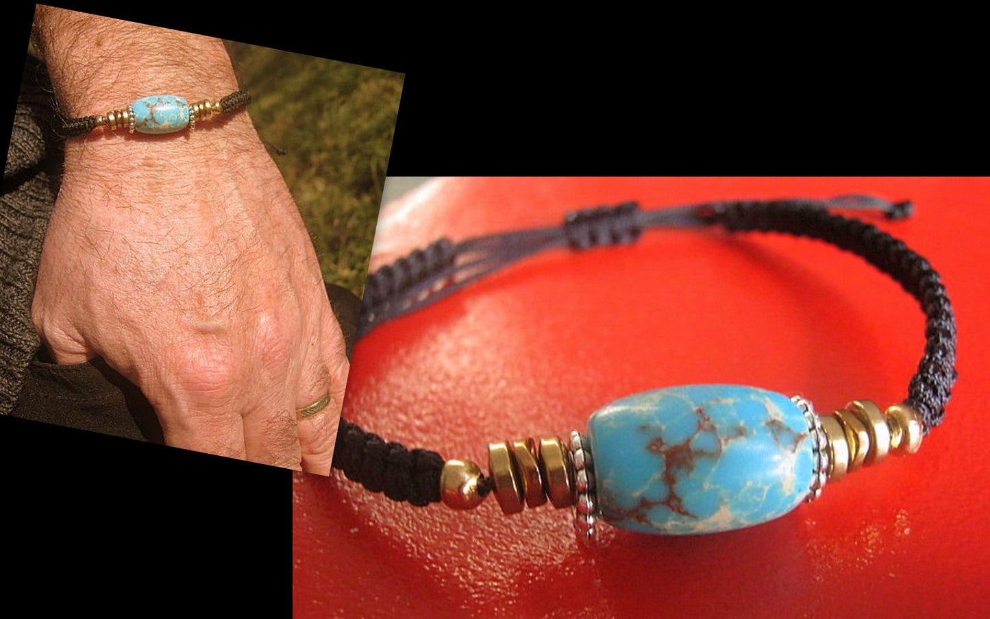 Men African TURQUOISE stone Hematite bracelet thin Cord black slice knot Bracelet, Healing crystal, Stack slim set surfer Handmade bracelet men gift