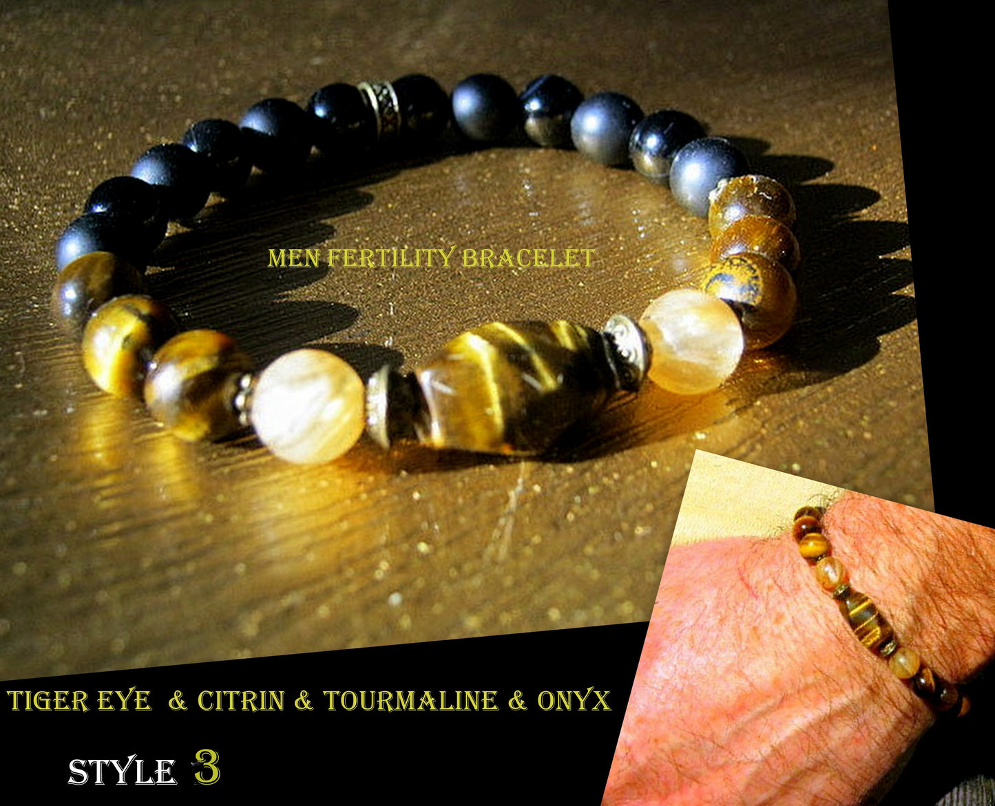 Men TIGER EYE fertility Bracelet Tourmaline Citrine Lava stone, Handmade bracelet men gift