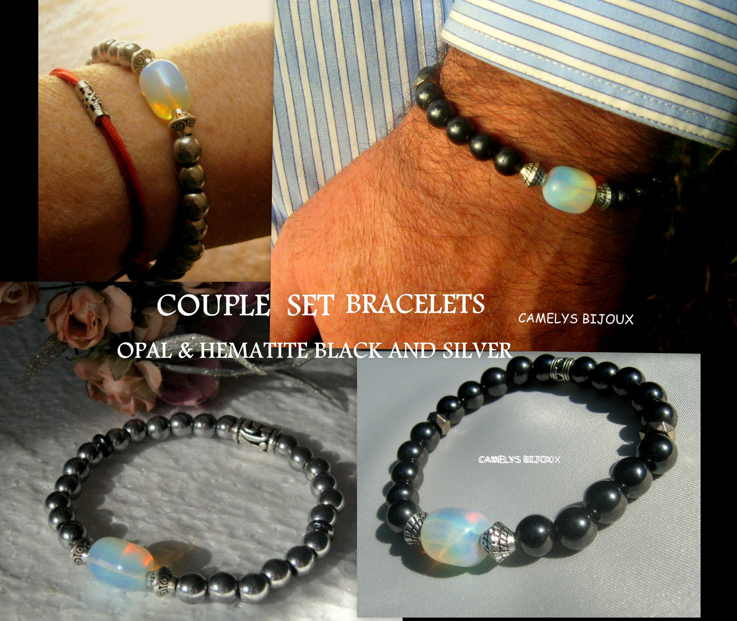 OPAL stone black Hematite Bracelet Moonstone, Healing stone, Handmade bracelet men women couple gift