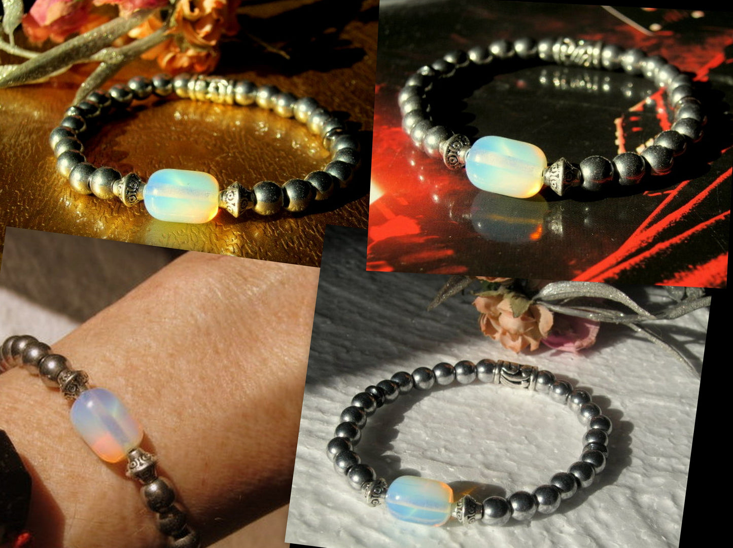 OPAL stone black Hematite Bracelet Moonstone, Healing stone, Handmade bracelet men women couple gift