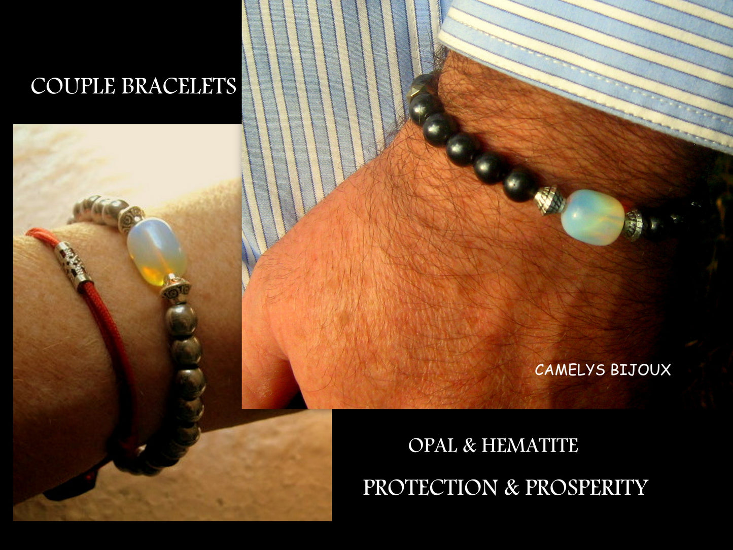 OPAL stone silver Hematite Bracelet Moonstone, Healing stone, Handmade bracelet men women couple gift