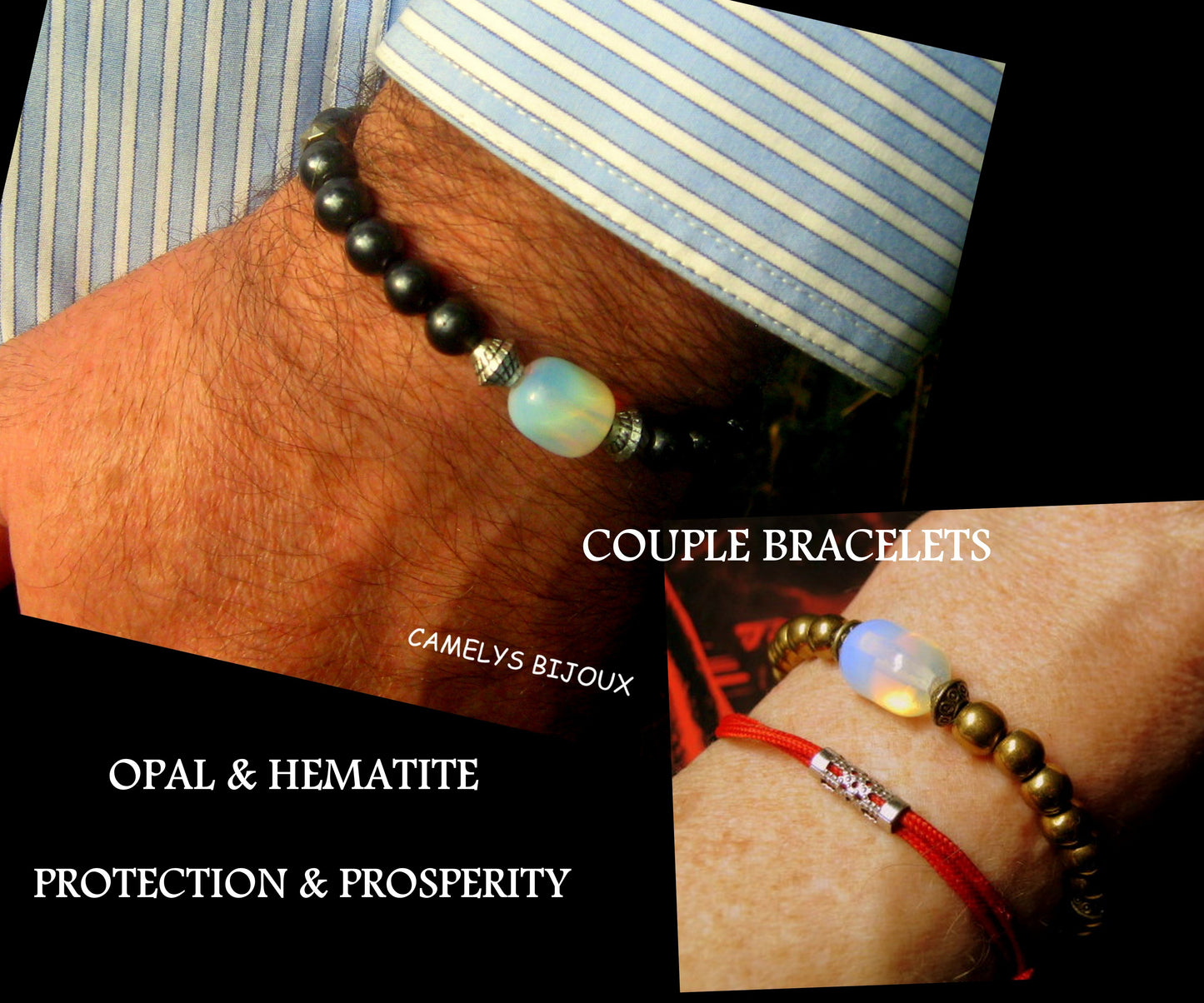 OPAL stone silver Hematite Bracelet Moonstone, Healing stone, Handmade bracelet men women couple gift