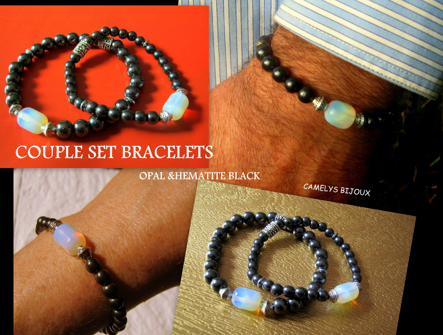 OPAL stone silver Hematite Bracelet Moonstone, Healing stone, Handmade bracelet men women couple gift