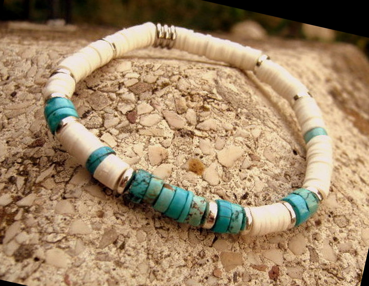 Men African TURQUOISE Bracelet white african style polymer heishi, silver hematite Healing stone, handmade bracelet men gift