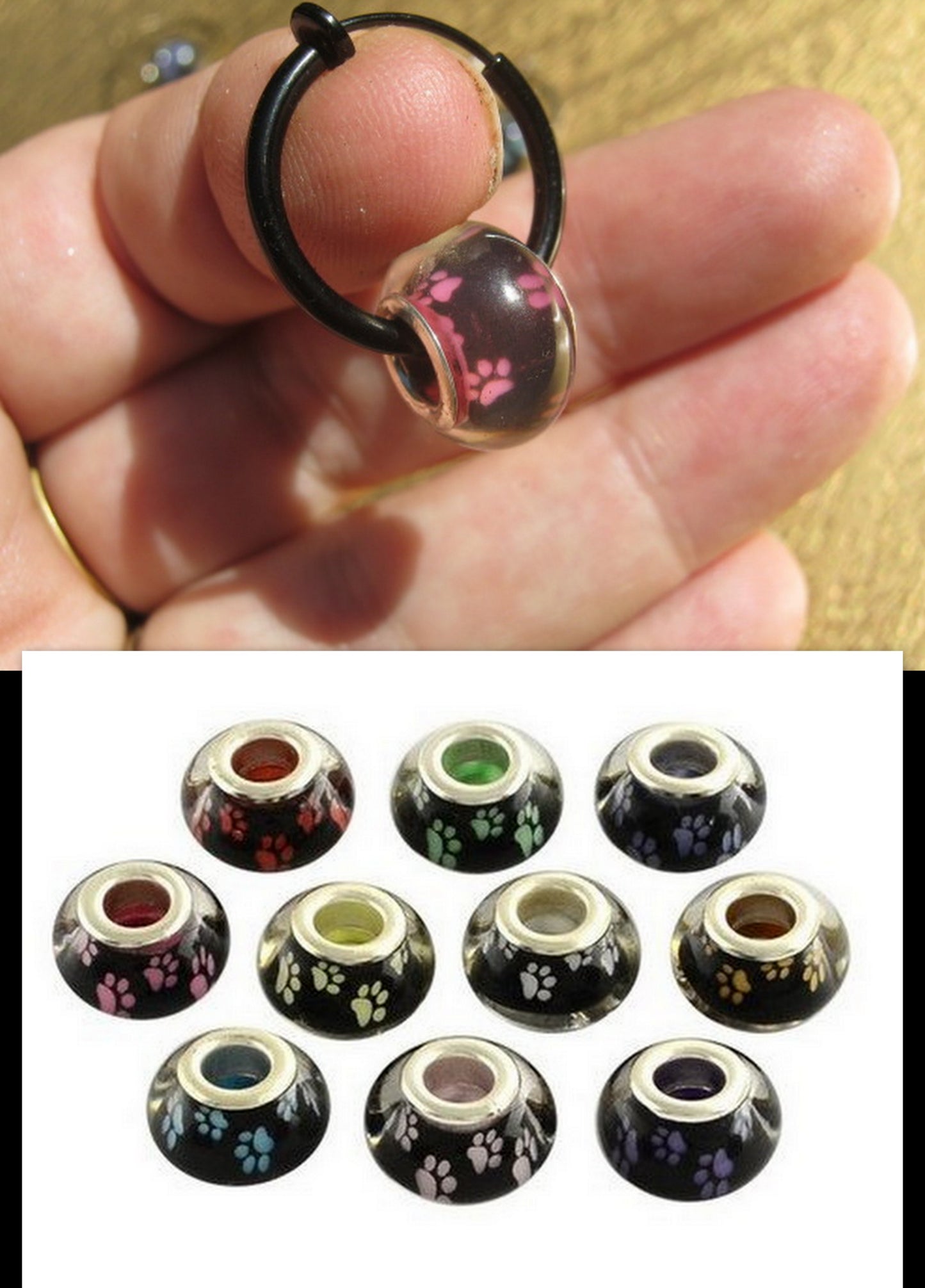 Men Earring pet dog cat paw print, donut , Dangle Hoop/ clip on black, Handmade earring men women gift