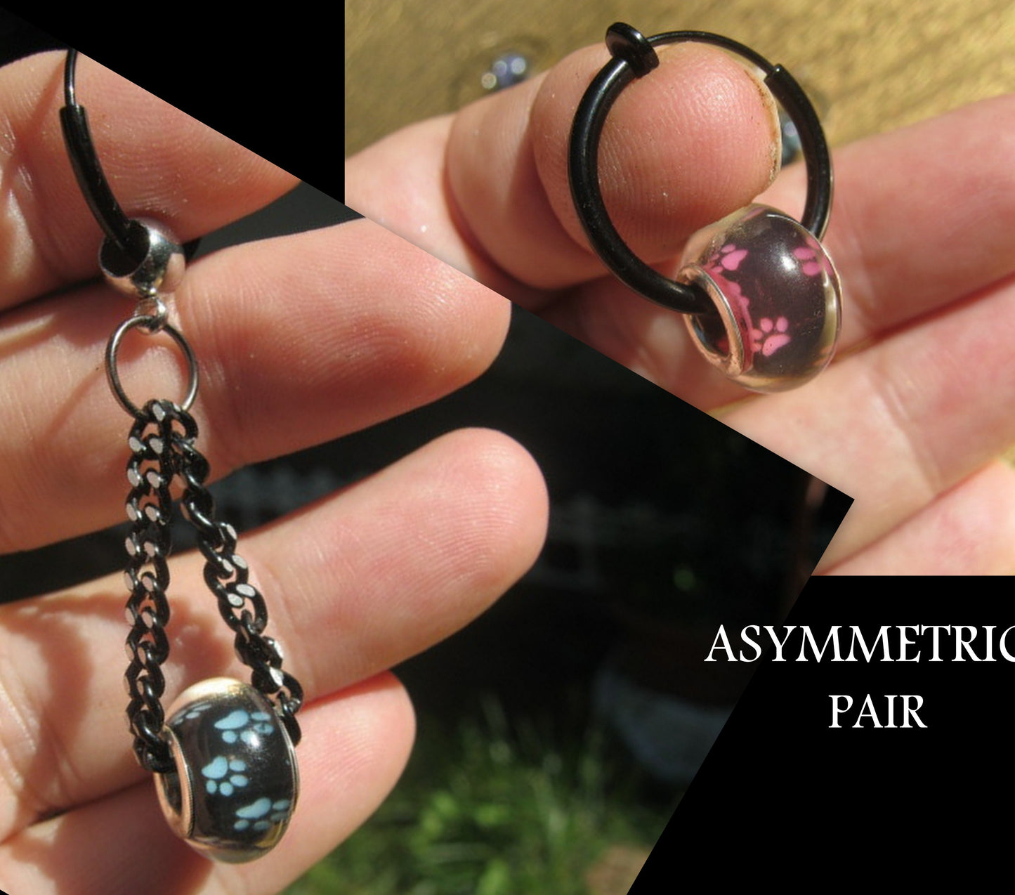 Men Earring pet dog cat paw print, donut , Dangle Hoop/ clip on black, Handmade earring men women gift