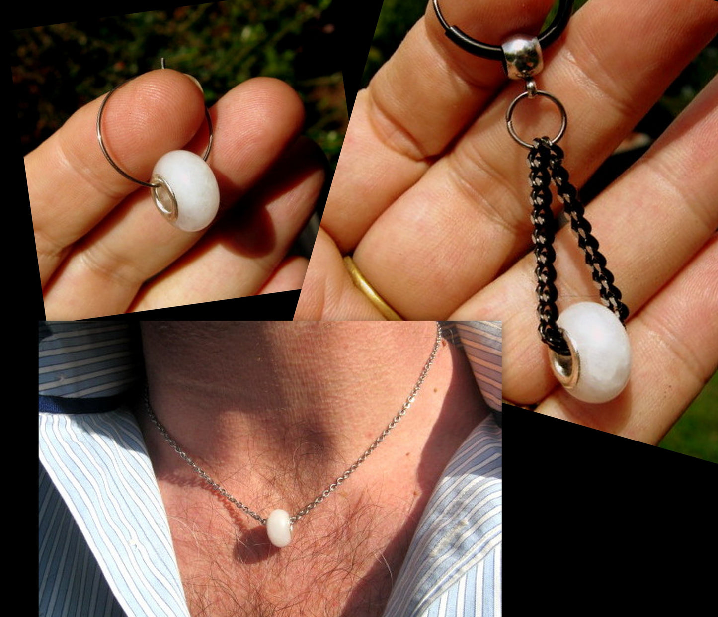 Men Earring donut GEMSTONE, Dangle Hoop/ clip on black, Handmade earring men women gift