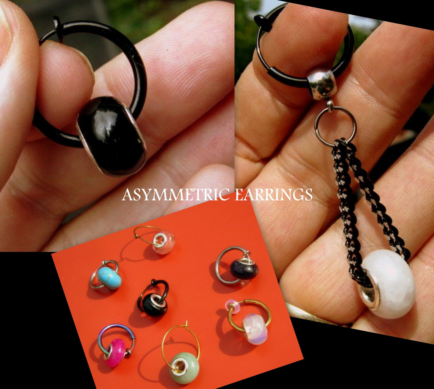 Men Earring donut GEMSTONE, Dangle Hoop/ clip on black, Handmade earring men women gift