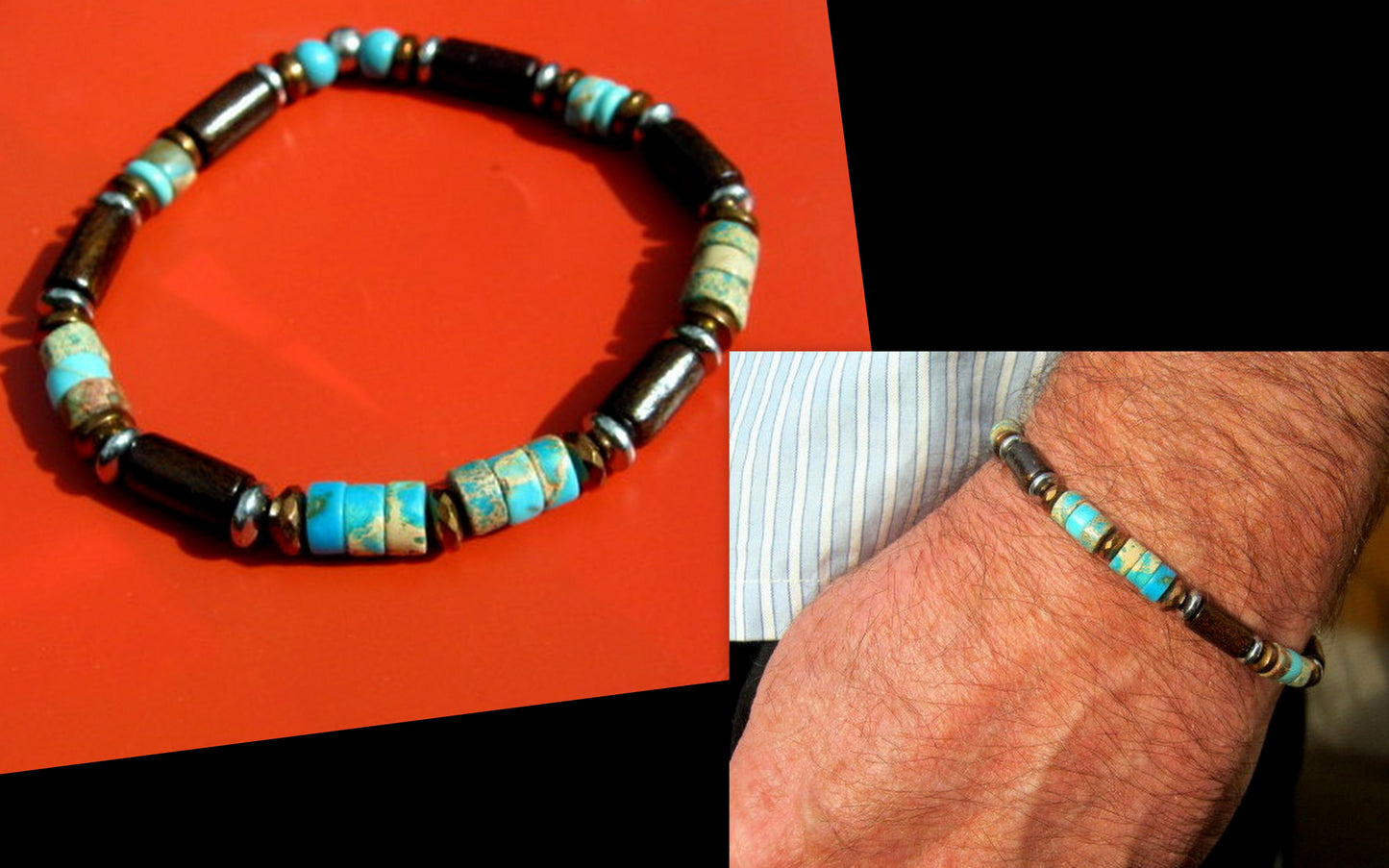 CAMELYS MAGIC 4 MEN - Men Bracelet blue Turquoise Imperial Jasper black Coco wood Hematite heishi Healing stone, handmade bracelet men gift