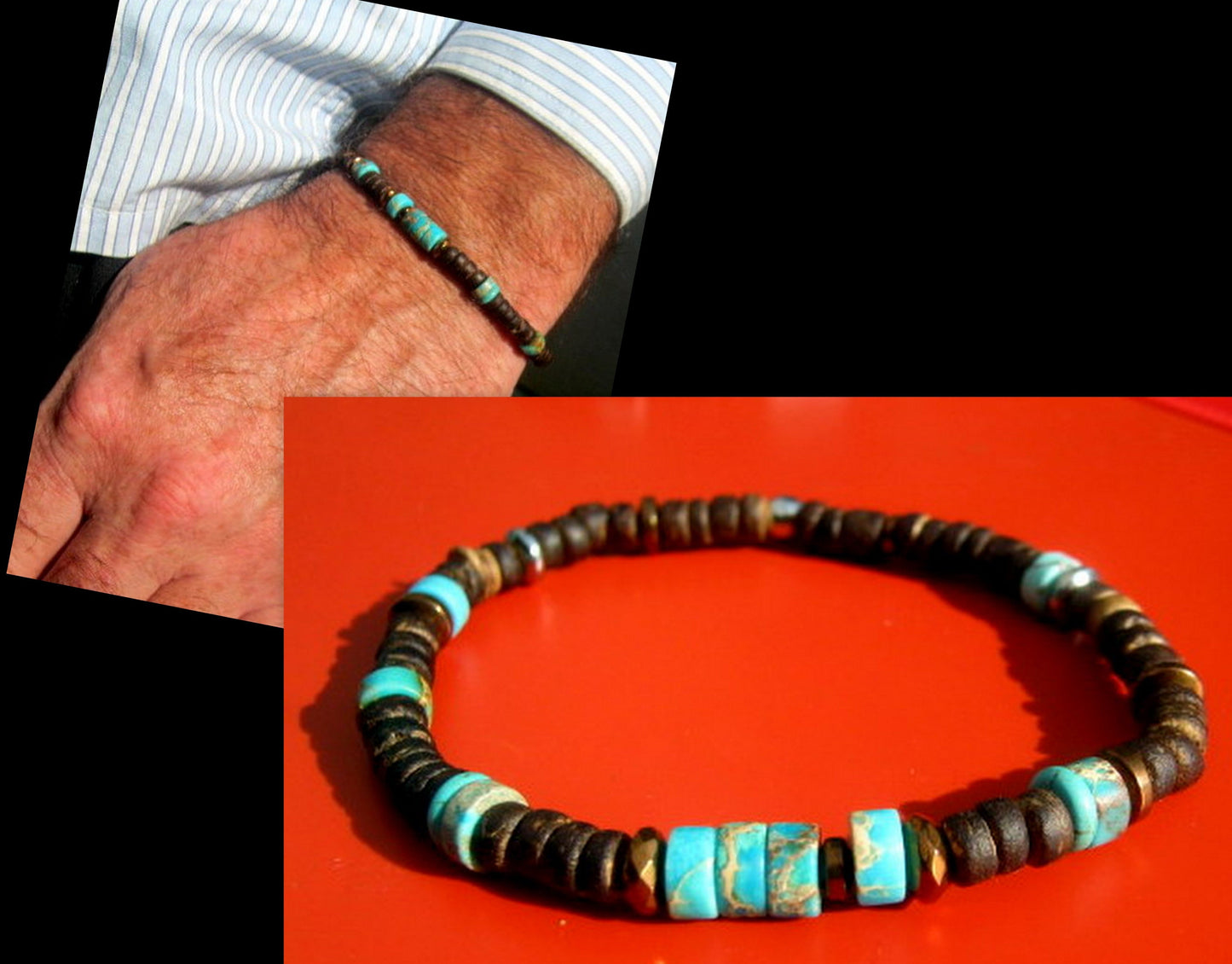CAMELYS MAGIC 4 MEN - Men Bracelet blue Turquoise Imperial Jasper black Coco wood Hematite heishi Healing stone, handmade bracelet men gift