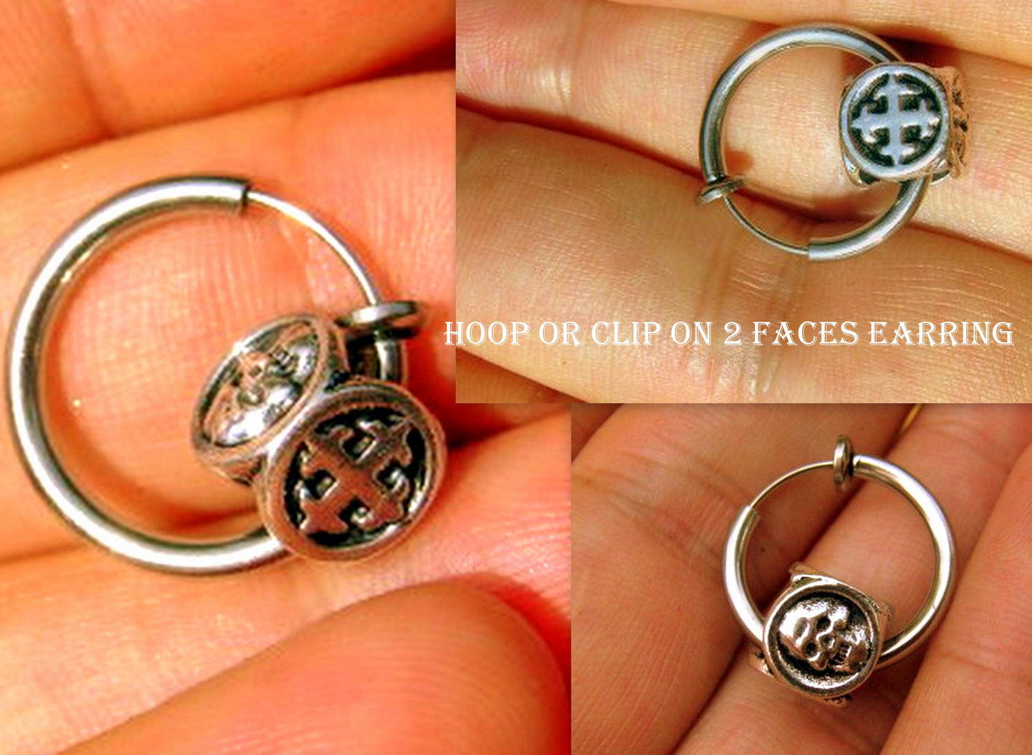 Men CROSS & SKULL punk Earring Hoop or Clip on non piercing earring, black chain, Dangle Handmade earring women men gift