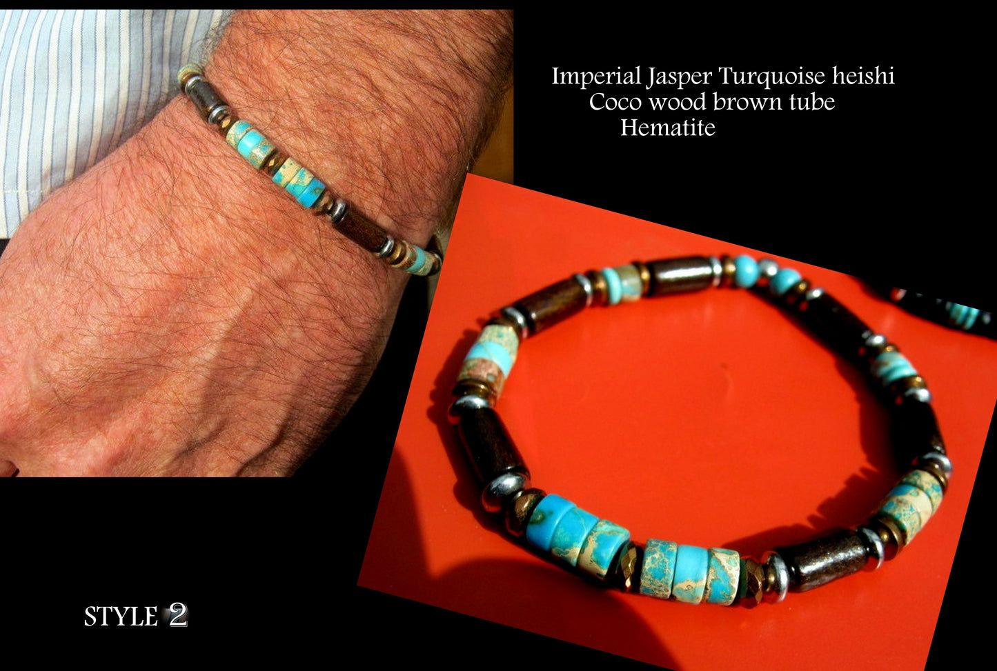 CAMELYS MAGIC 4 MEN - Men Bracelet blue Turquoise Imperial Jasper black Coco wood Hematite heishi Healing stone, handmade bracelet men gift
