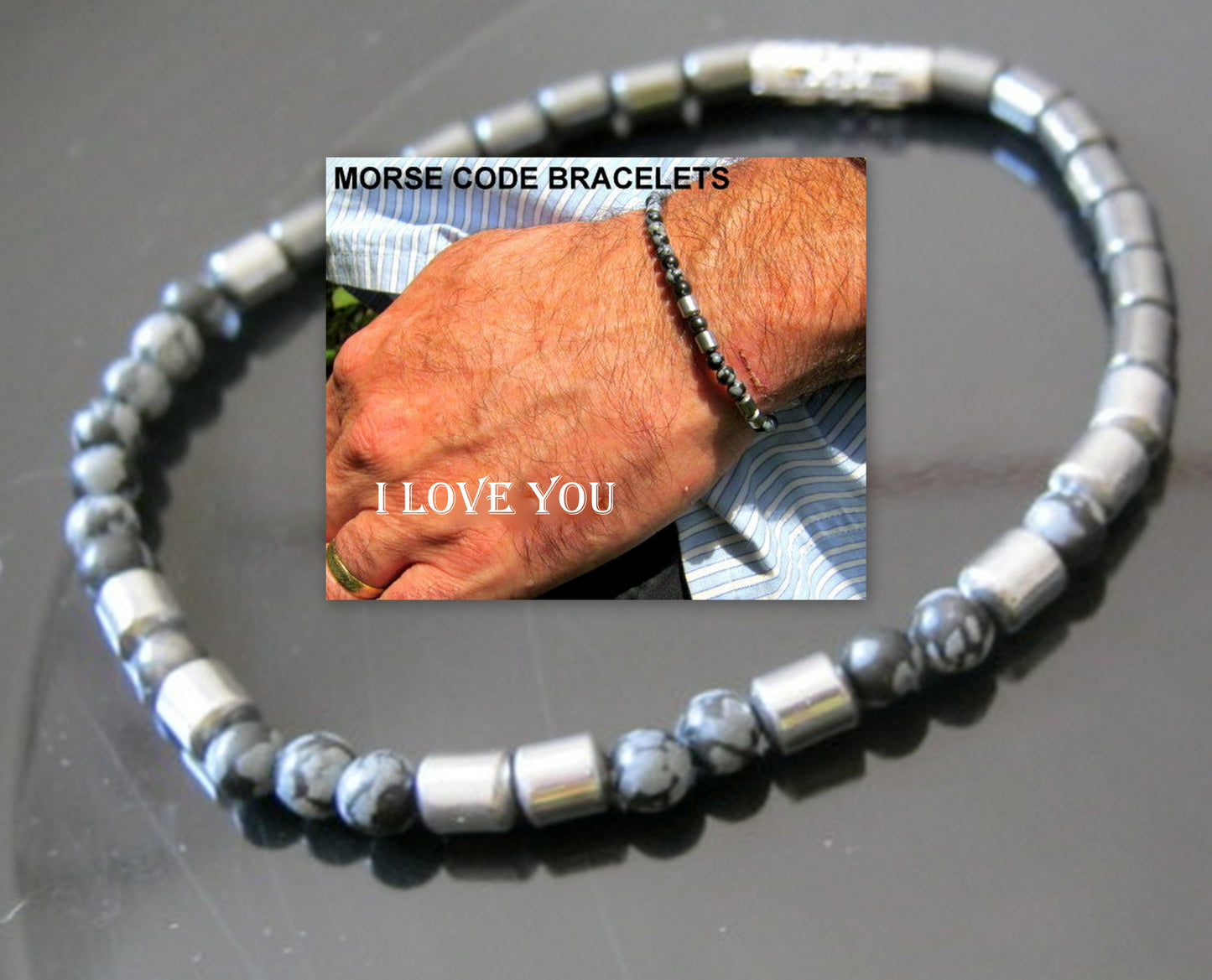 Custom MORSE CODE men/women Hematite Obsidian Bracelet, I love you Secret Message, Healing protection gemstone Men handmade slim bracelet Men gift