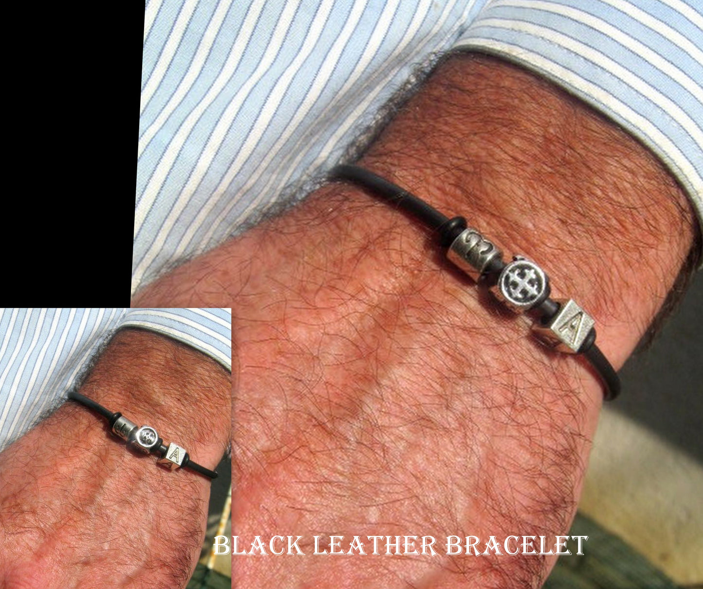 Men silver CROSS Skull punk custom cord /Leather Bracelet, Stack slim protection Handmade bracelet men gift