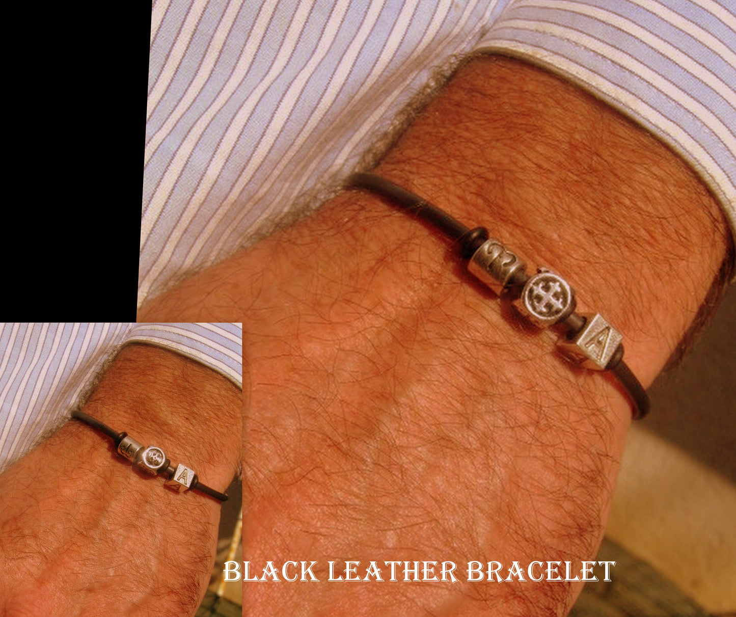 Men silver CROSS Skull punk custom Leather Bracelet, Stack slim protection Handmade bracelet men gift