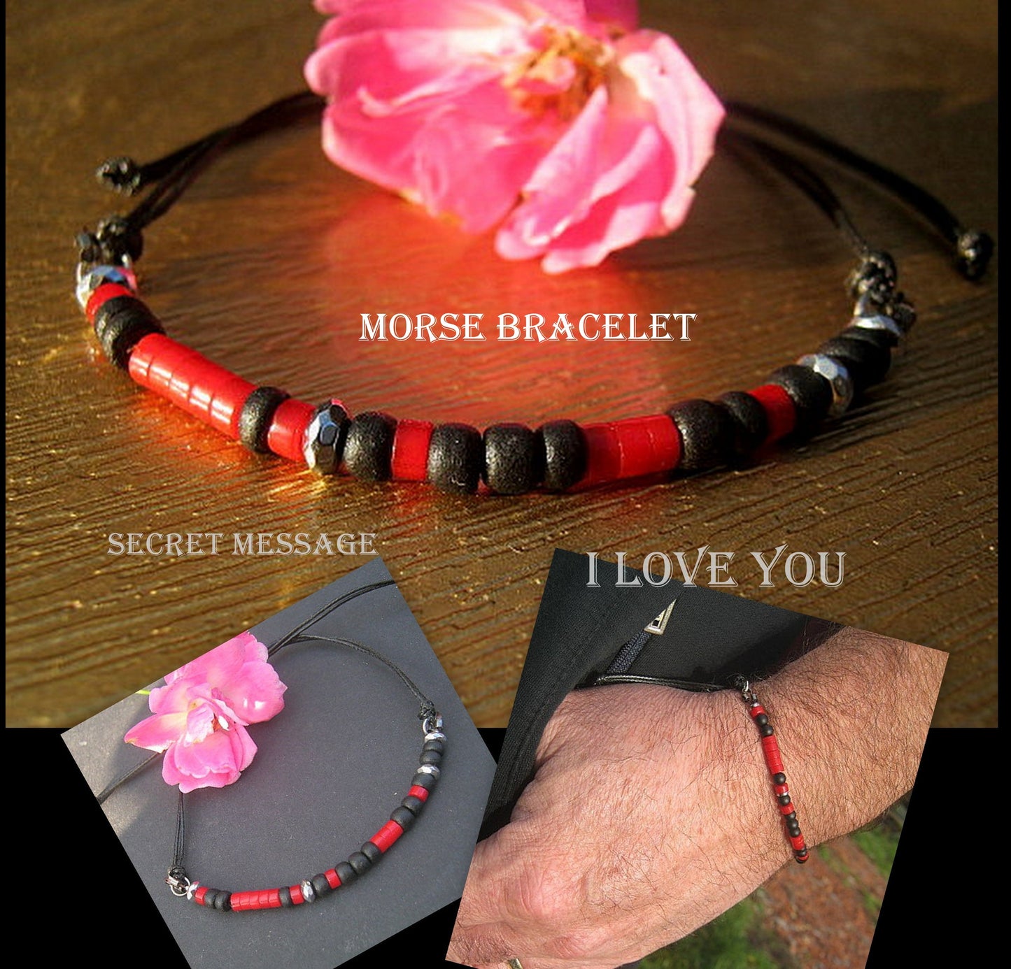 Custom CODE MORSE men/women Bracelet, Hematite, Coco wood, Onyx & RED CORAL, CORD, I love you Secret Message, Healing protection stone Men handmade slim bracelet Men gift