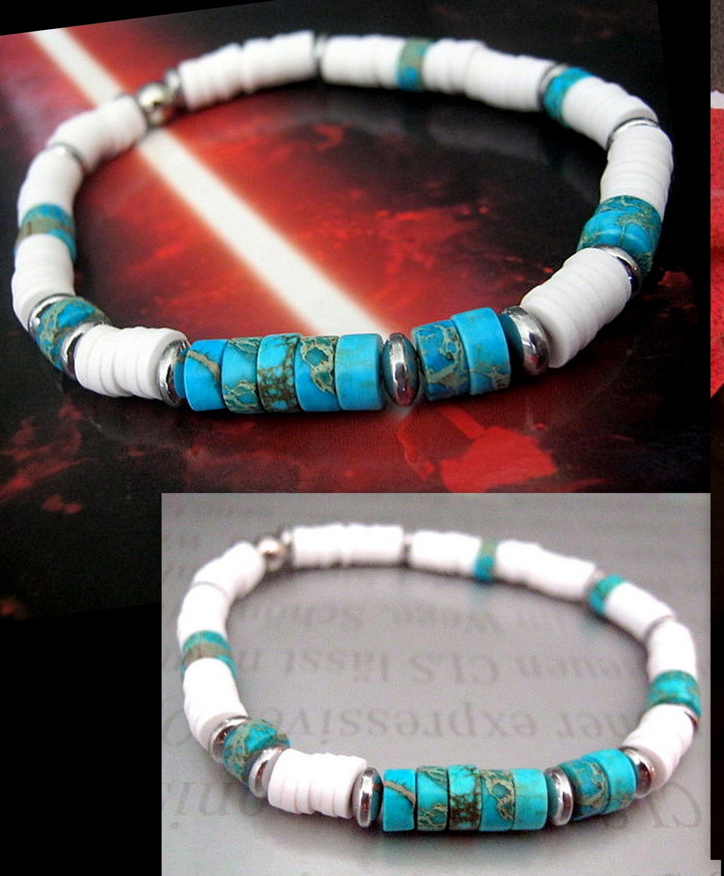 Men Turquoise Imperial Jasper, Bracelet white african style polymer heishi, silver hematite Healing stone, handmade bracelet men gift