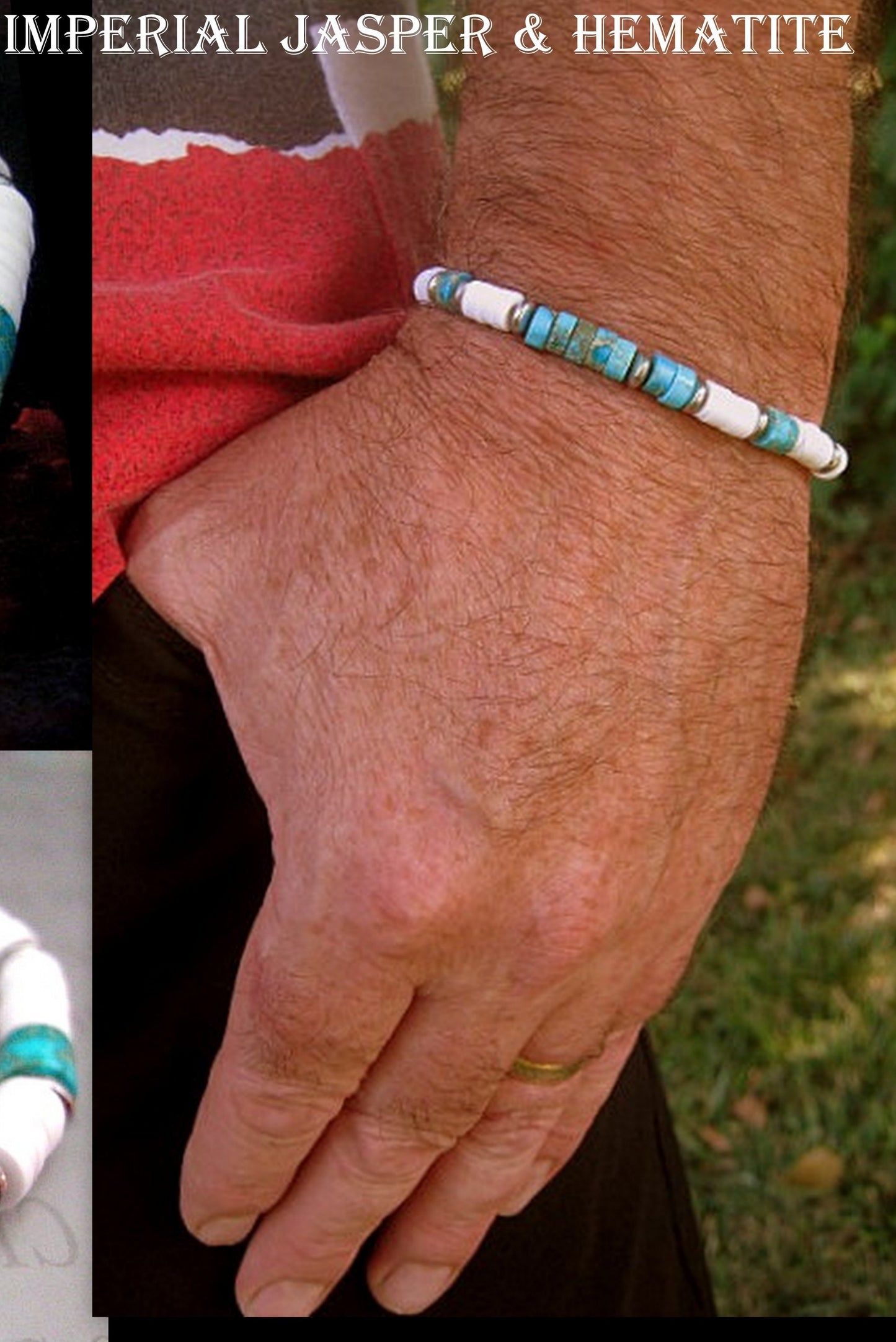 Men Turquoise Imperial Jasper, Bracelet white african style polymer heishi, silver hematite Healing stone, handmade bracelet men gift