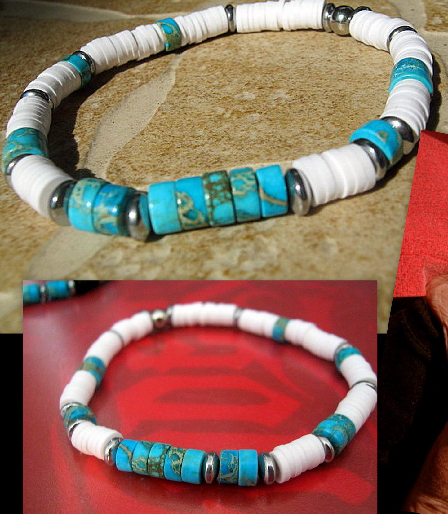 Men Turquoise Imperial Jasper, Bracelet white african style polymer heishi, silver hematite Healing stone, handmade bracelet men gift