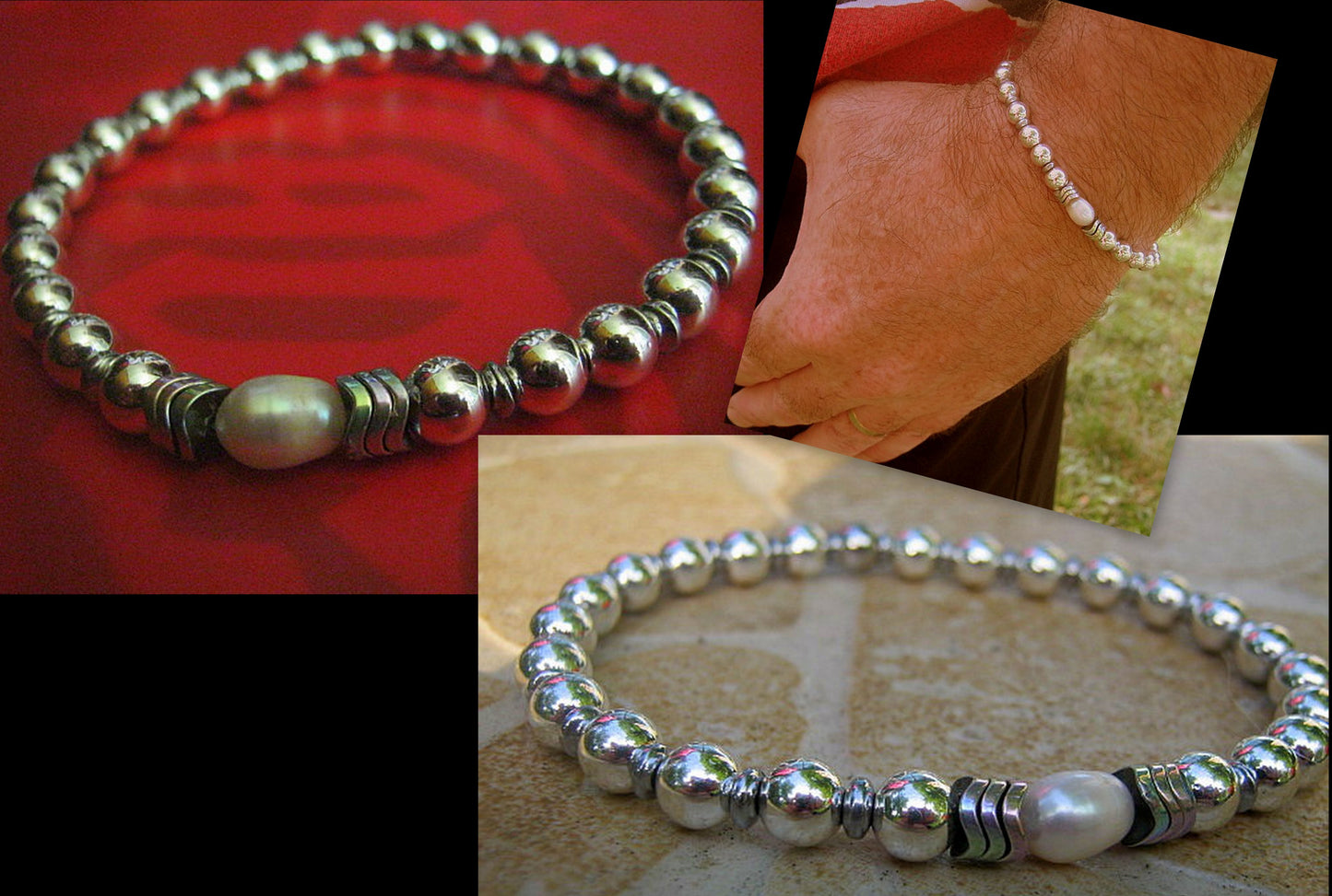 Men Bracelet Freshwater PEARL & silver Hematite, Nacre, Black blue pearl, Prosperity Healing surfer bracelet Men/women/couple gift, handmade bracelet