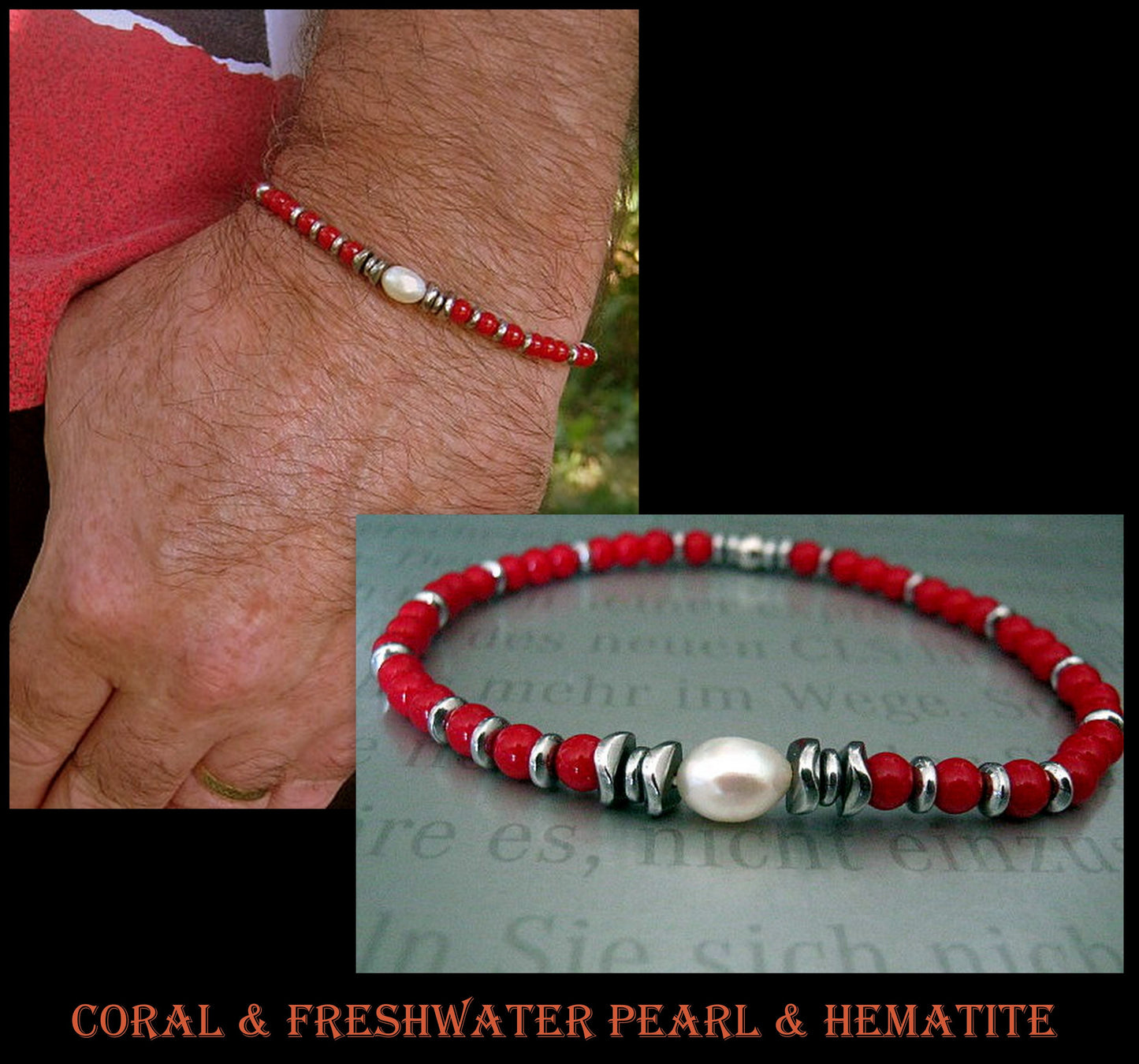 Men Bracelet Freshwater Pearl, Coral & Hematite wave, Red bracelet, Spiritual Healing surfer bracelet Men/women/couple gifthandmade bracelet