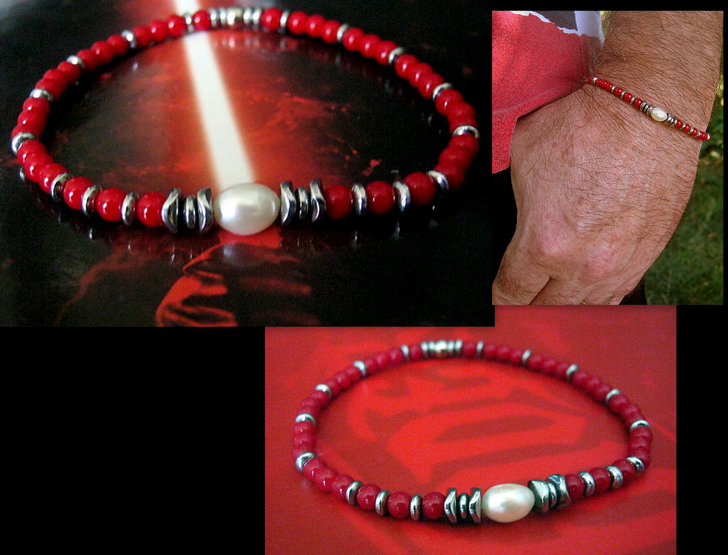 Men Bracelet Freshwater Pearl, Coral & Hematite wave, Red bracelet, Spiritual Healing surfer bracelet Men/women/couple gifthandmade bracelet
