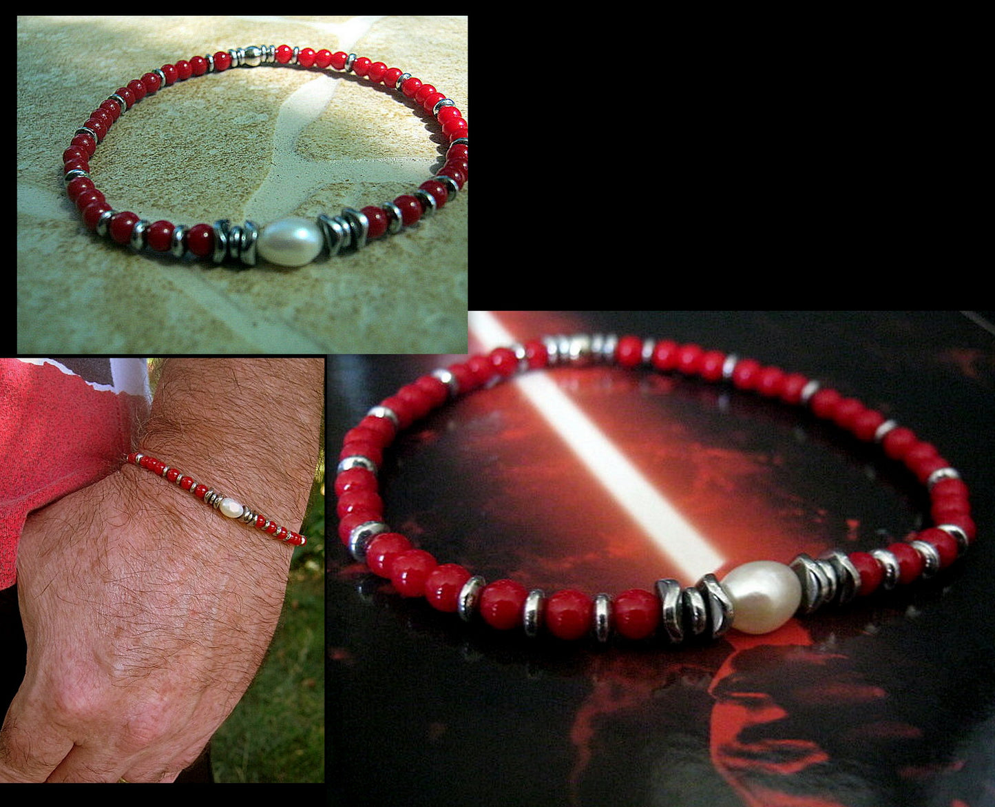 Men Bracelet Freshwater Pearl, Coral & Hematite wave, Red bracelet, Spiritual Healing surfer bracelet Men/women/couple gifthandmade bracelet