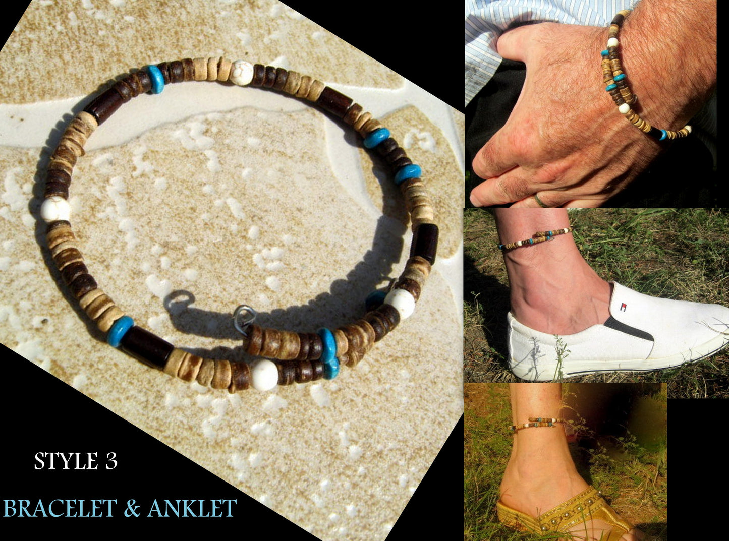 Men TURQUOISE Coconut Wood heishi Bracelet & Anklet. Surfer Beach Bracelets. Foot band boho bracelets, handmade bracelet men gift