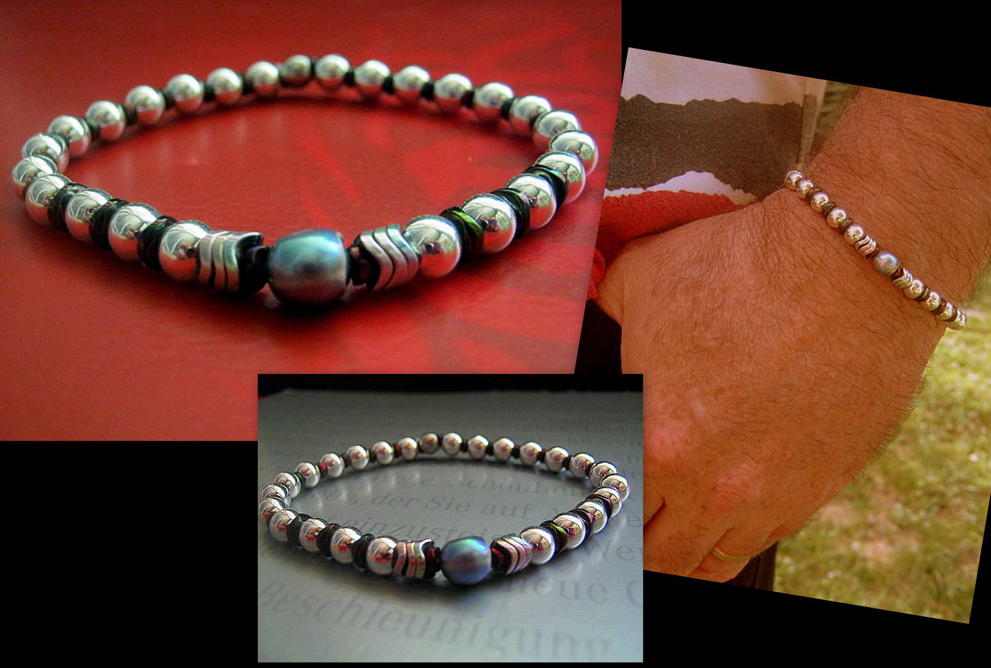 Men Bracelet Freshwater Black PEARL & Hematite, Nacre, Black blue pearl, Prosperity Healing surfer bracelet Men/women/couple gift, handmade bracelet