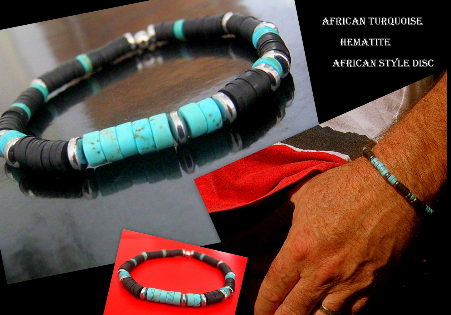 Bracelet african TURQUOISE heishi Hematite Healing stone, handmade bracelet men gift