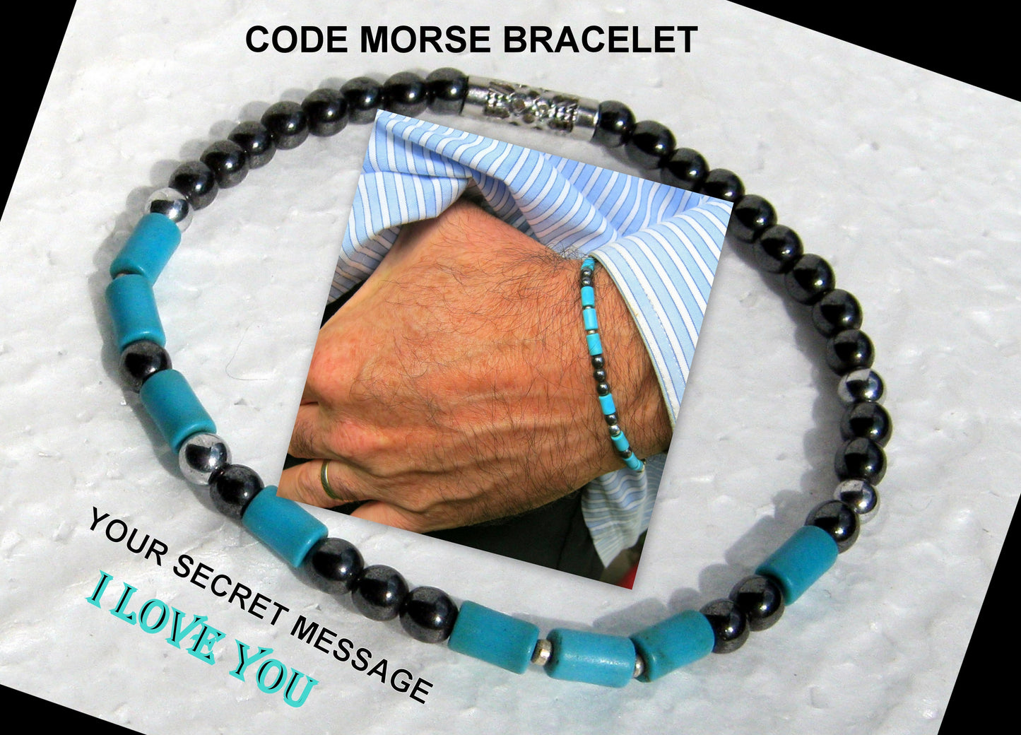 Custom CODE MORSE men/women Bracelet, Hematite & Turquoise, I love you Secret Message, Healing protection stone Men handmade slim bracelet Men gift