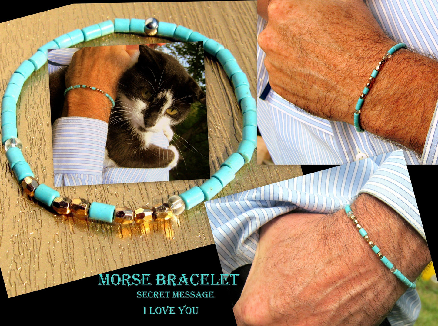 Custom CODE MORSE men/women Bracelet, Hematite & Turquoise, I love you Secret Message, Healing protection stone Men handmade slim bracelet Men gift