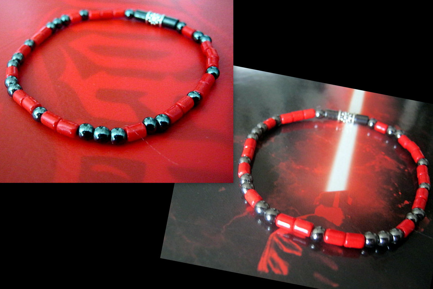 Men bracelet tiny gemstones-Coral Hematite, silver st 925, handmade slim bracelet men gift