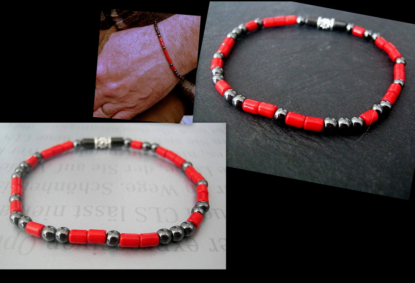 Men bracelet tiny gemstones-Coral Hematite, silver st 925, handmade slim bracelet men gift