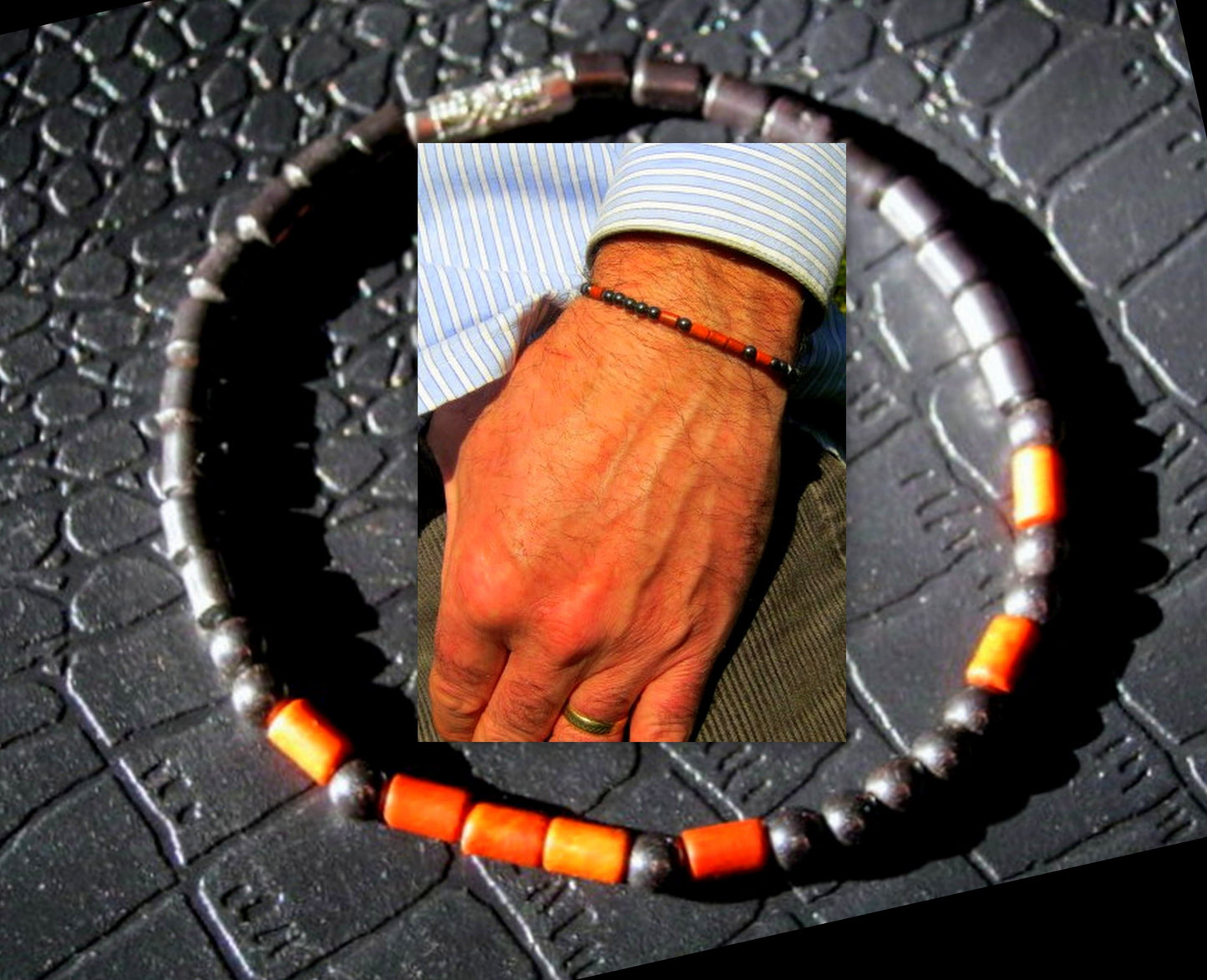 Men slim bracelet Coral, Hematite gemstone, silver unisex Bracelet, handmade slim bracelet men gift