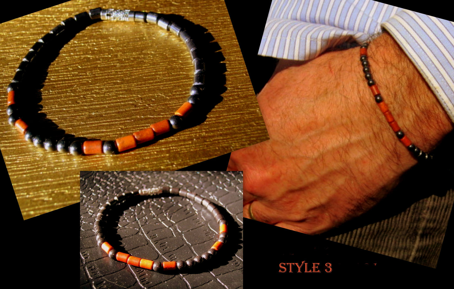 Men slim bracelet Coral, Hematite gemstone, silver unisex Bracelet, handmade slim bracelet men gift