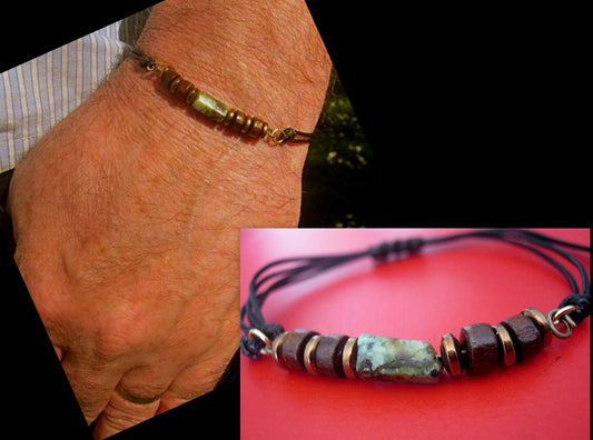 Green African TURQUOISE brown Coco wood Hematite heishi men bracelet Cord slice knot slim set surfer bracelet, protection stone Men/ couple gift,Handmade bracelet
