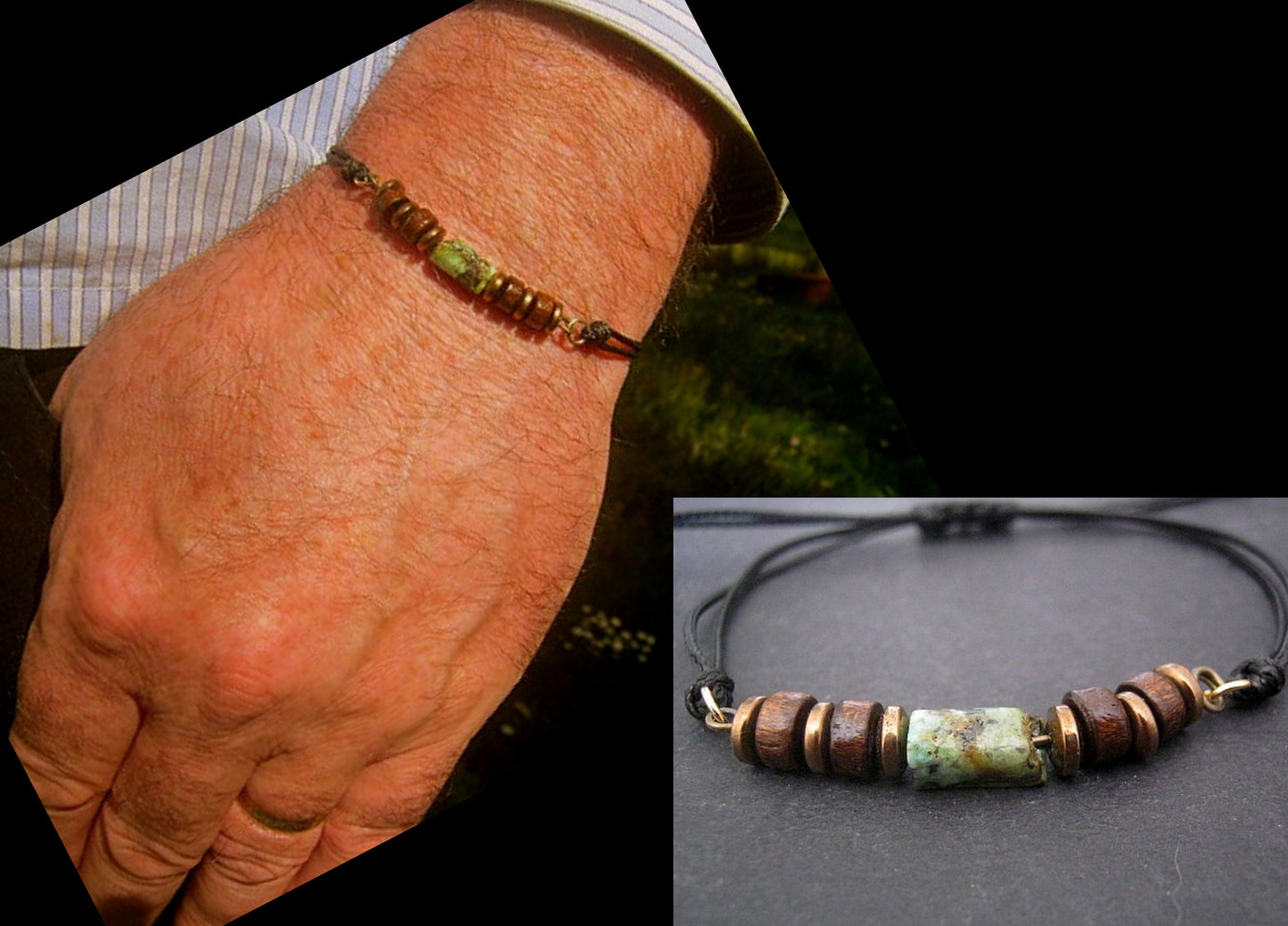 Green African TURQUOISE brown Coco wood Hematite heishi men bracelet Cord slice knot slim set surfer bracelet, protection stone Men/ couple gift,Handmade bracelet