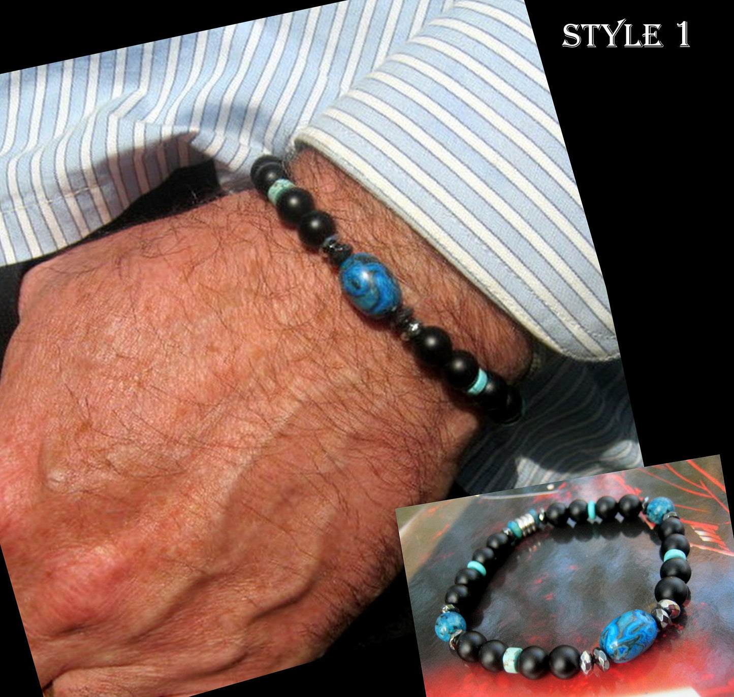 Men stone Bracelet Crazy lace Agate,Turquoise Azurite Chrisocolla Black Onyx, Hematite Healing stone, handmade bracelet men gift