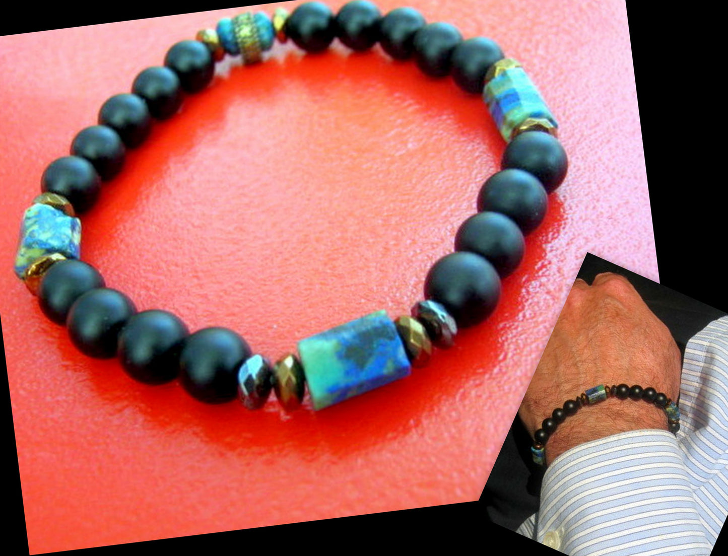 Men stone Bracelet Crazy lace Agate,Turquoise Azurite Chrisocolla Black Onyx, Hematite Healing stone, handmade bracelet men gift